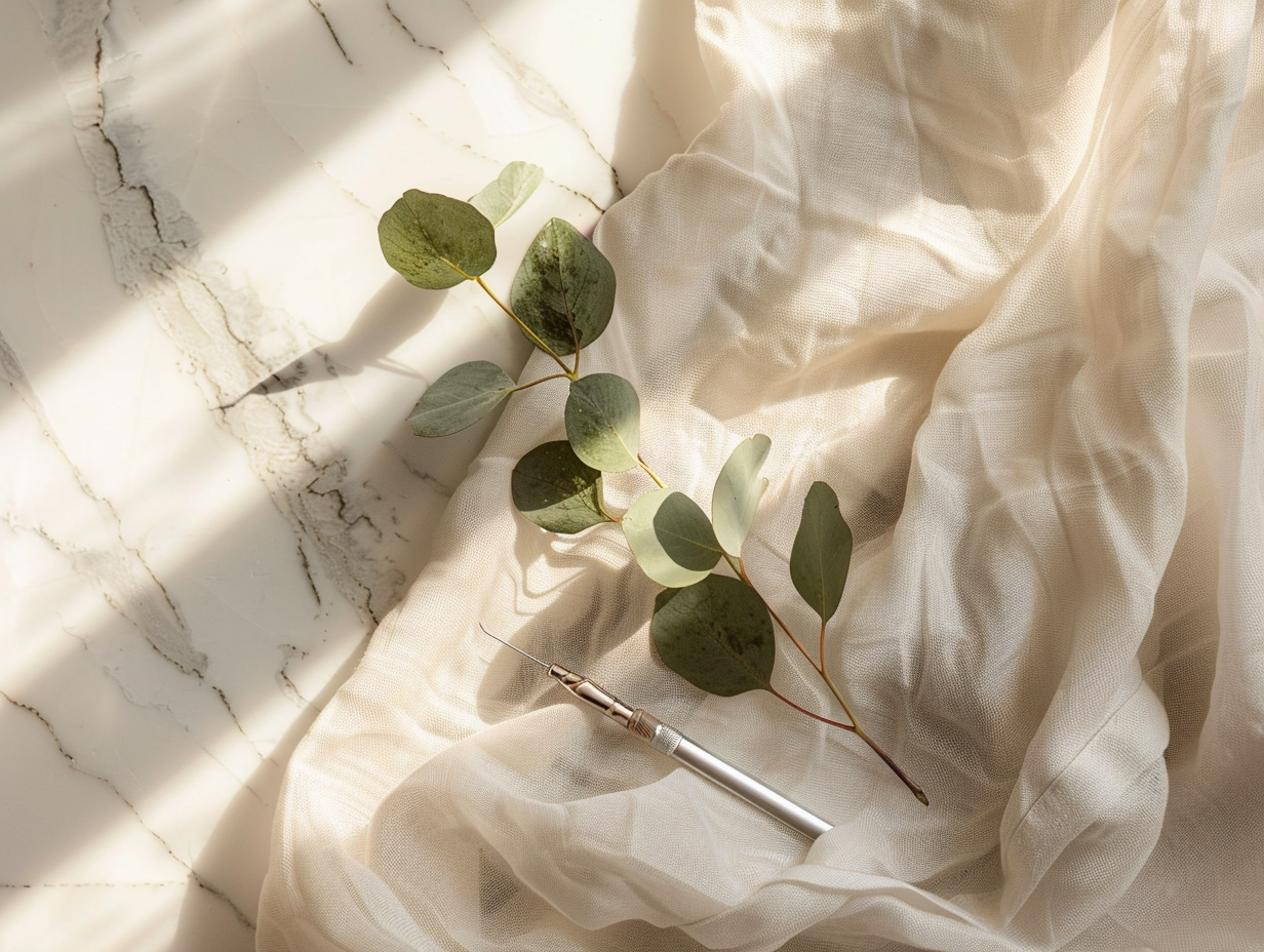 Botox & dermal fillers at Luxe Haus Med Spa in Coral Springs, FL — overhead view of silvery-eucalyptus and a slim silver instrument on ivory linen and cream marble.