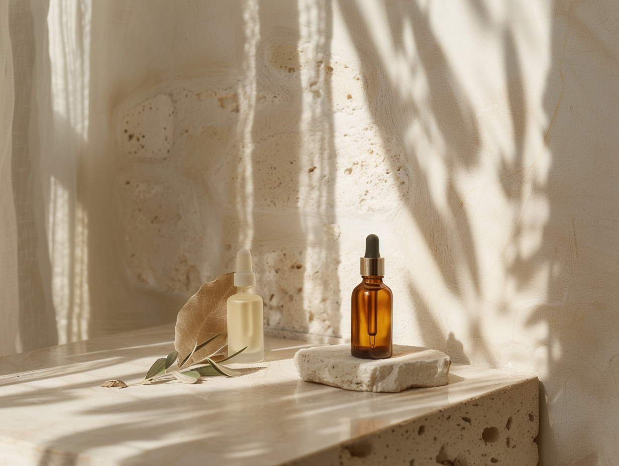Skin health, RF microneedling & chemical peels at Luxe Haus Med Spa in Coral Springs, FL — amber skincare bottle and olive sprig on travertine, lit by dappled morning sun.